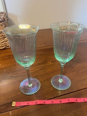 Anthropologie Iridescent Green Ribbed Glass Wine Goblets - Set of 2